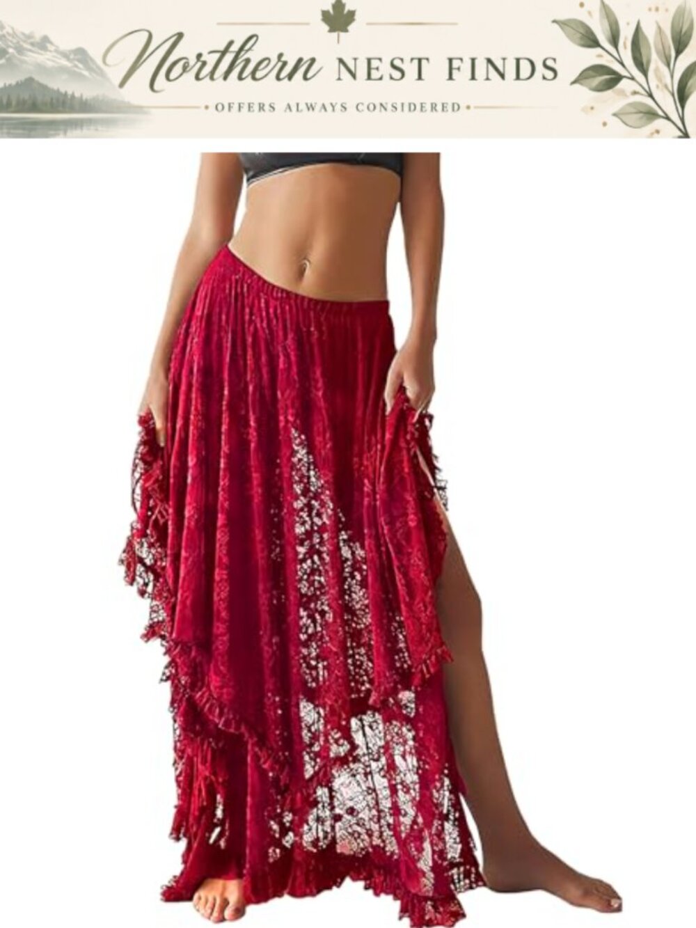 Lace Maxi Skirt High Low Asymmetrical Layered Hem Sheer Flowy Beach